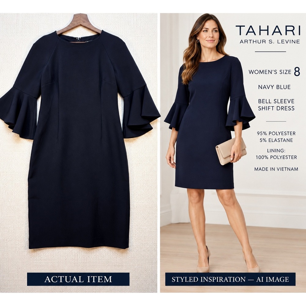 Tahari Arthur‎ S. Levine Navy Bell Sleeve Sheath Dress Sz 8 LBD Cocktail Wedding